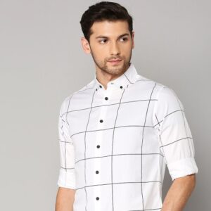 Men White Slim Fit Windowpane Checks Checked Pure Cotton Casual Shirt