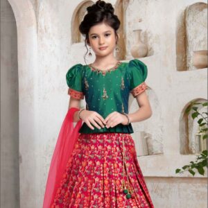 Green And Red Banarasi Silk Pattu Lehenga Choli Set For Girls