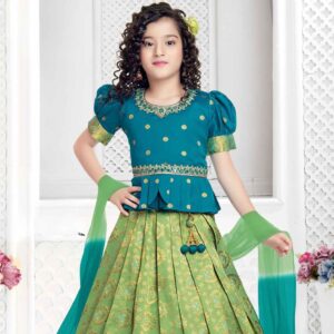 Blue And Green Banarasi Silk Pattu Lehenga Choli Set For Girls