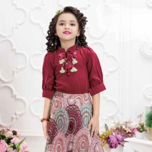 Maroon Embroidered Top and Printed Casual Skirt Set For Girls