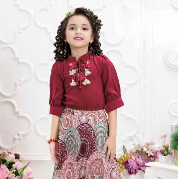 Maroon Embroidered Top and Printed Casual Skirt Set For Girls