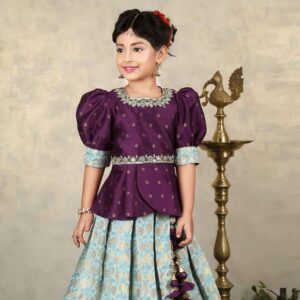 Wine And Blue Banarasi Silk Pattu Lehenga Choli Set For Girls