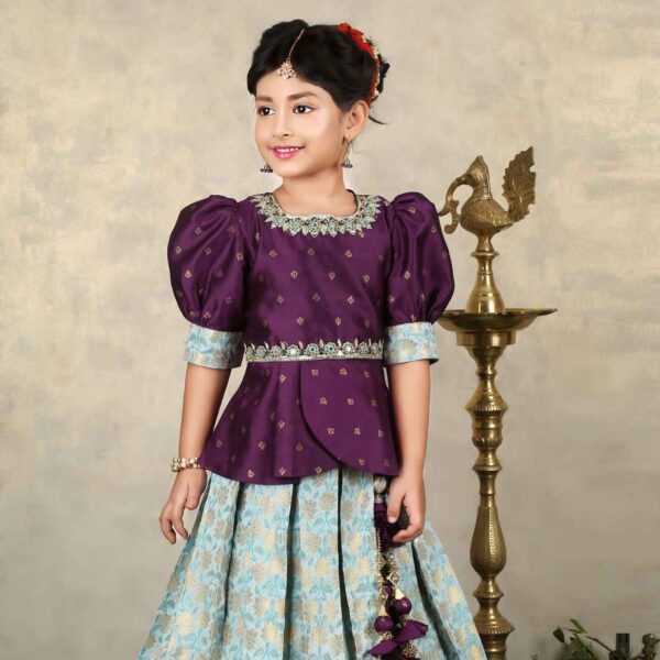 Wine And Blue Banarasi Silk Pattu Lehenga Choli Set For Girls