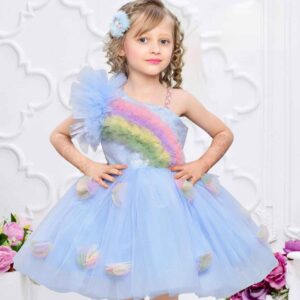 Blue Net Frock With Rainbow Pattern Ruffle Design For Girls