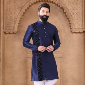 Fancy Work Silk Kurta Pyjama In Blue