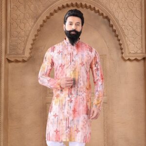Multi Colour Cotton Kurta Pyjama with Print Work for Ceremonial