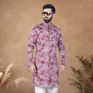 Pink Velvet Indo Western with Embroidered and Thread Work for Men