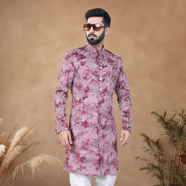 Pink Velvet Indo Western with Embroidered and Thread Work for Men