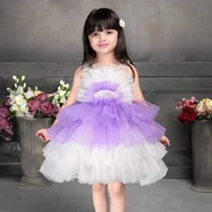 White and Purple Ruffle Netted Frock for Girls.