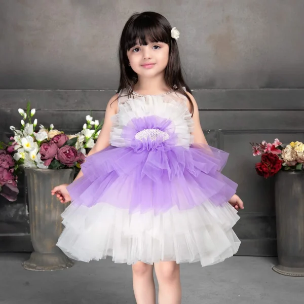 White and Purple Ruffle Netted Frock for Girls.